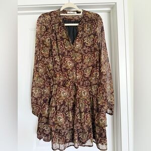 Dex Brown Paisley Long-Sleeve Tie-Waist Dress